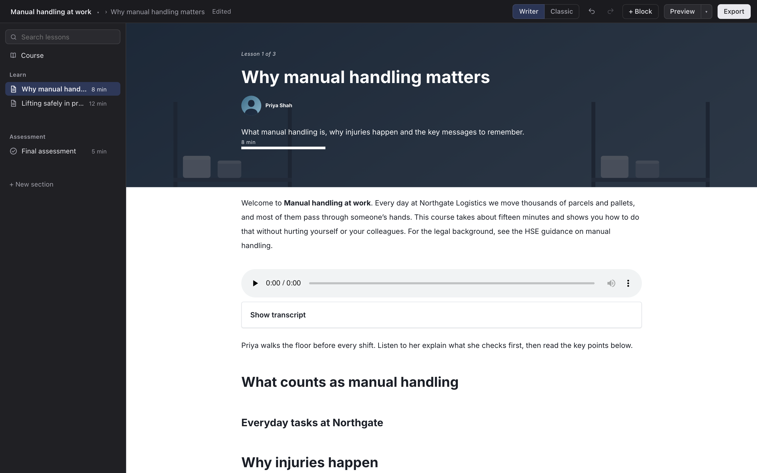The SCORM Builder editor with the Manual handling at work course open: the lesson outline on the left and the first lesson, Why manual handling matters, on the page with its header image, text and audio block.